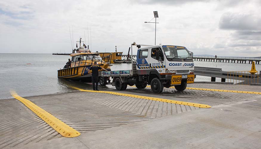 Rye boat ramp and coastguard vessel